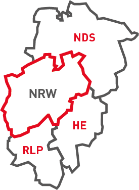 Die Grafik zeigt das Servicegebiet der Brandschutzfirma als Umriss des Bundeslandes NRW
