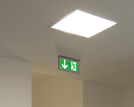 Fluchtwegbeleuchtung der Firma RZB Das Bild zeigt eine Fluchtwegbeleuchtung in einem Treppenhaus